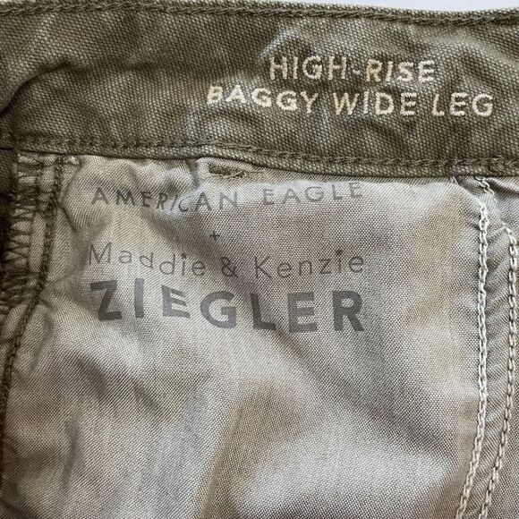 American Eagle X Ziegler HIGH RISE BAGGY WIDE LEG Pants 12 Short Olive Stretch - Picture 9 of 12